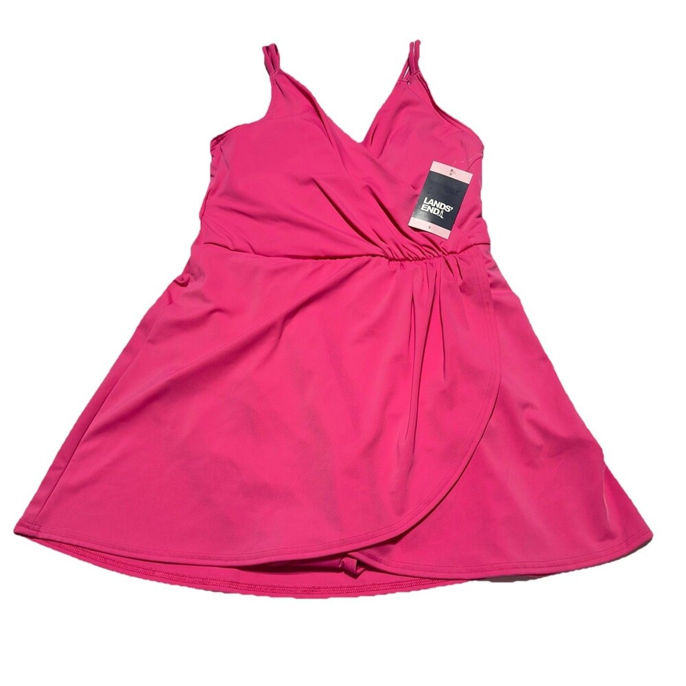 Lands' End Swim Dress Women’s Size S Wrap One Piece Swimsuit Pink Padded bra NWT